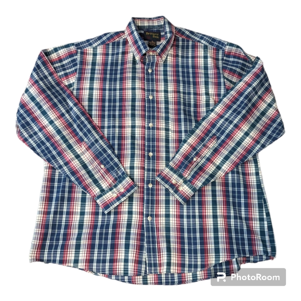 VTG Brittany Bay Easy Care Red Blue Plaid LS Button Collar Casual Shirt Men's XL